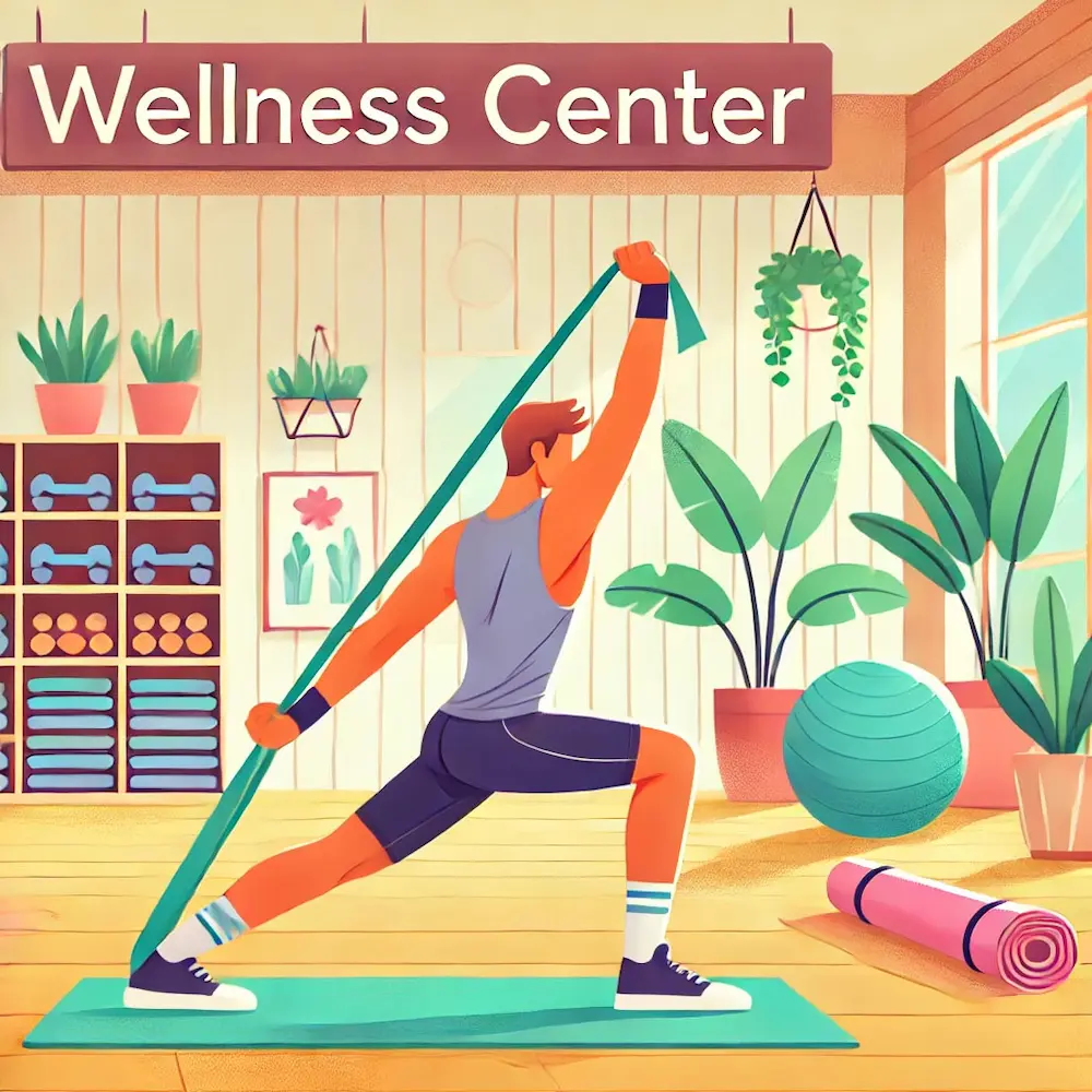 Wellness attendant helping member with resistance band at recreation facility